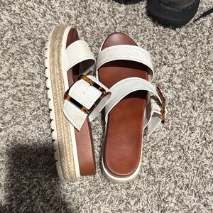 MIA White and Brown Sandals with Tortoise Buckle